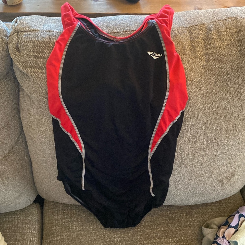 Red and Black One-Piece Swimsuit. The Finals Brand.
